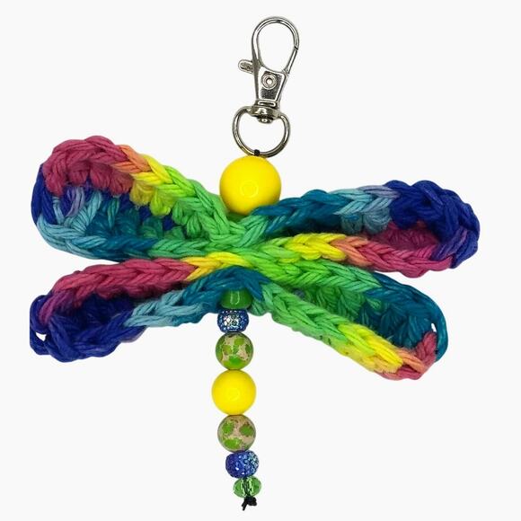Colorful Crochet Handmade Dragonfly Keychain Beaded Bag Charm Upcycled Mini - Picture 9 of 10